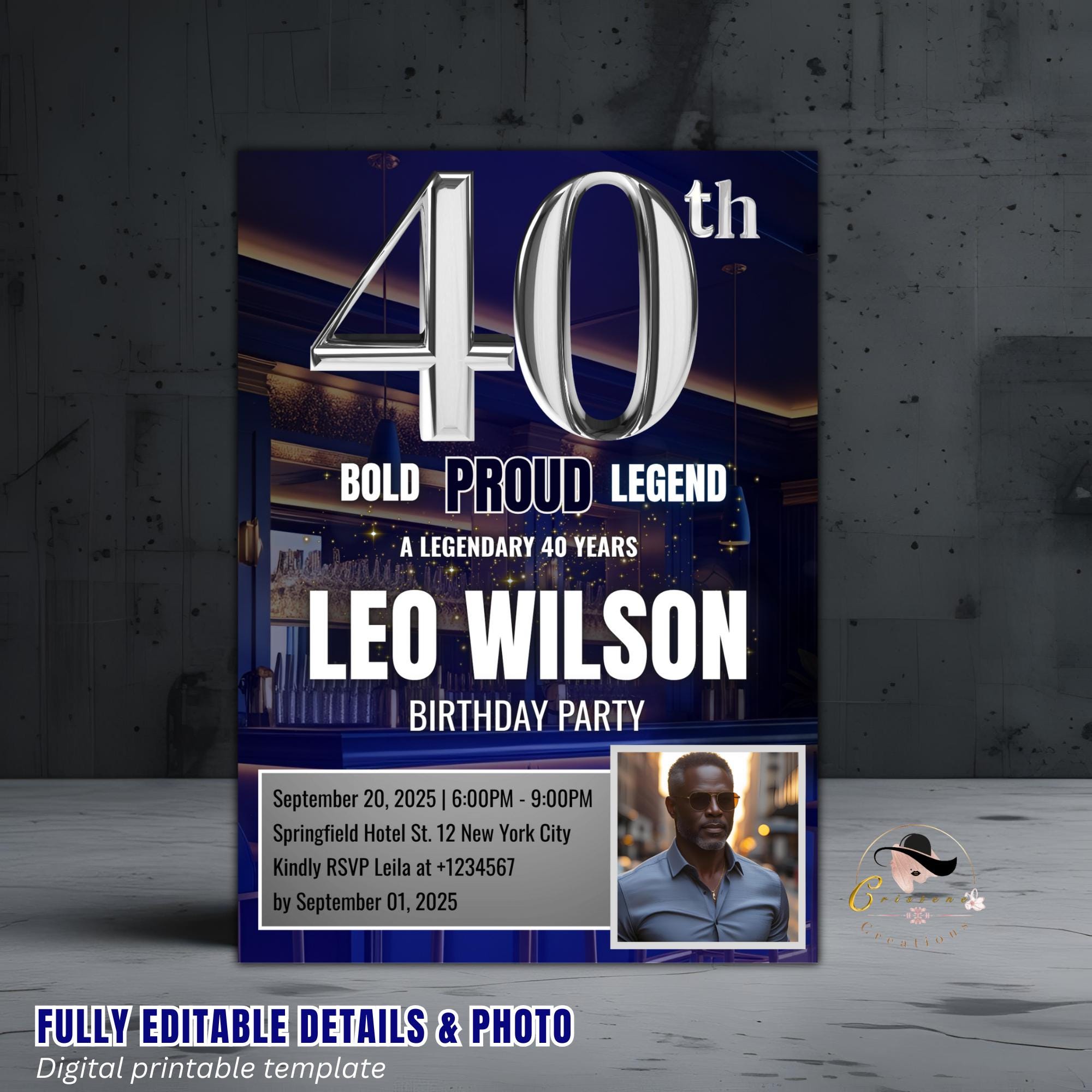 Editable 40th Birthday Invitation Men with photo, Blue Silver 40th Birthday Surprise Party invite Digital Forty Birthday Dinner Template