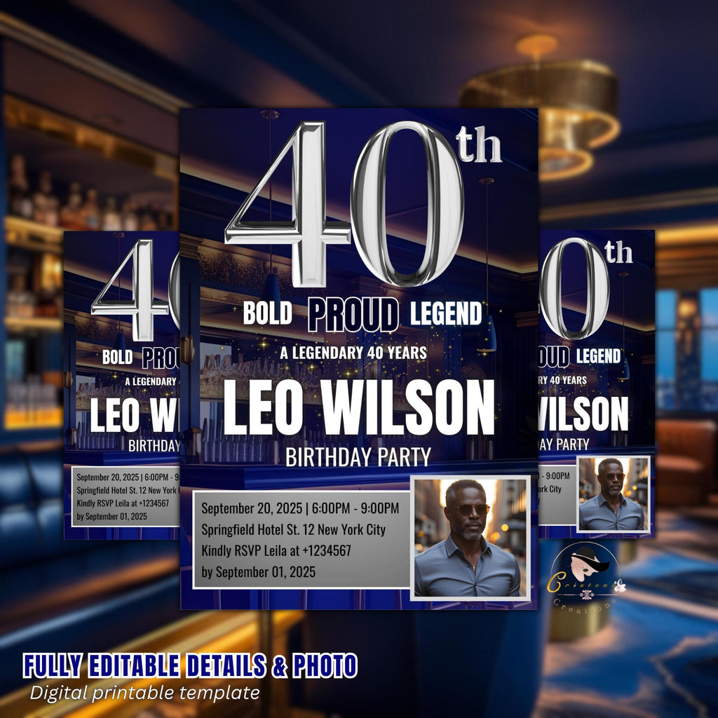 Editable 40th Birthday Invitation Men with photo, Blue Silver 40th Birthday Surprise Party invite Digital Forty Birthday Dinner Template