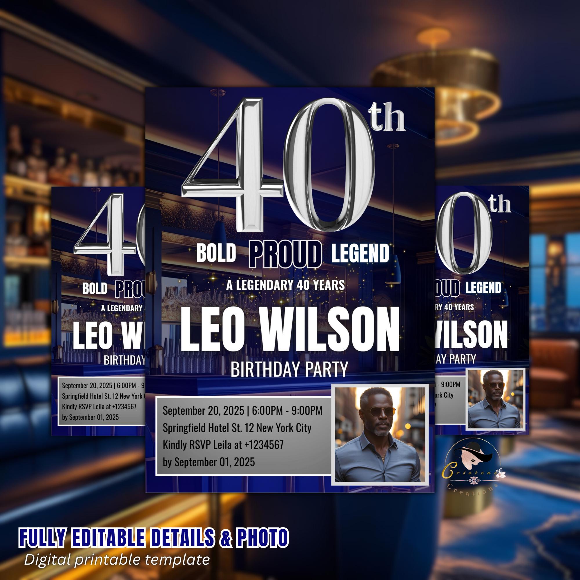 Editable 40th Birthday Invitation Men with photo, Blue Silver 40th Birthday Surprise Party invite Digital Forty Birthday Dinner Template