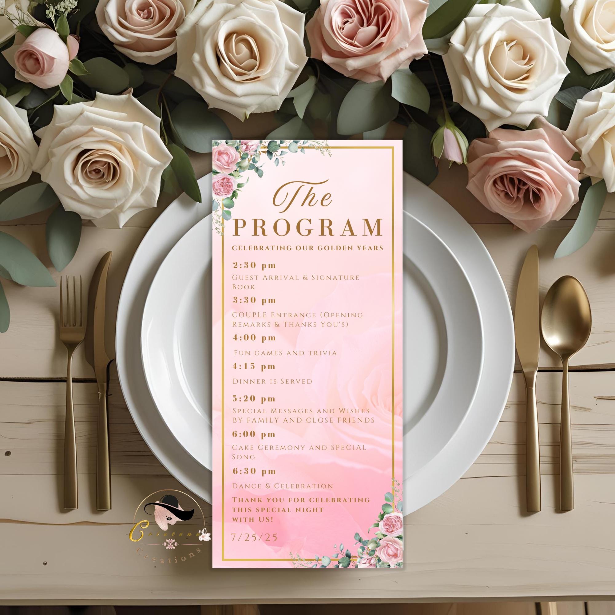 Floral Anniversary Program Template, Pink Golden 50th Wedding Anniversary Program card Printable Vow Renewal Program party Floral Design