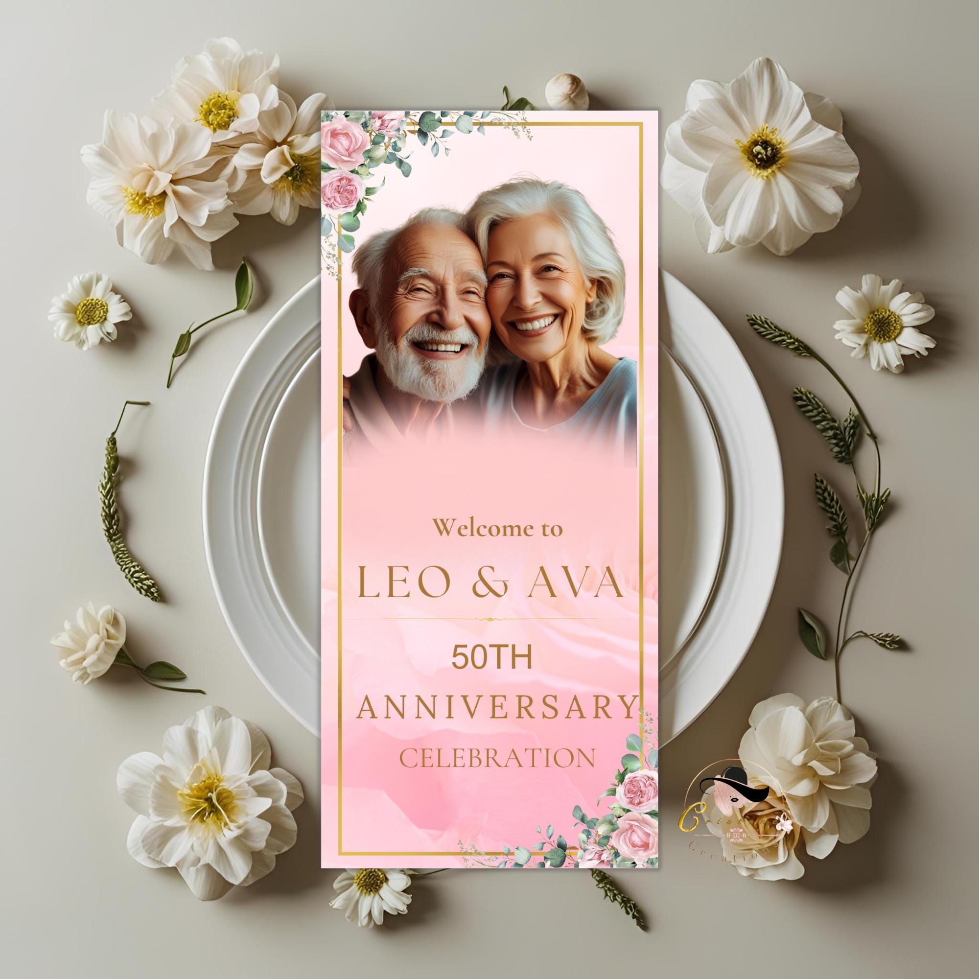 Floral Anniversary Program Template, Pink Golden 50th Wedding Anniversary Program card Printable Vow Renewal Program party Floral Design