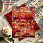 Digital Birthday Dinner Invitation Red Gold Girl Adult Birthday party invite Editable Glam Luxury Dinner party card Printable Canva Template