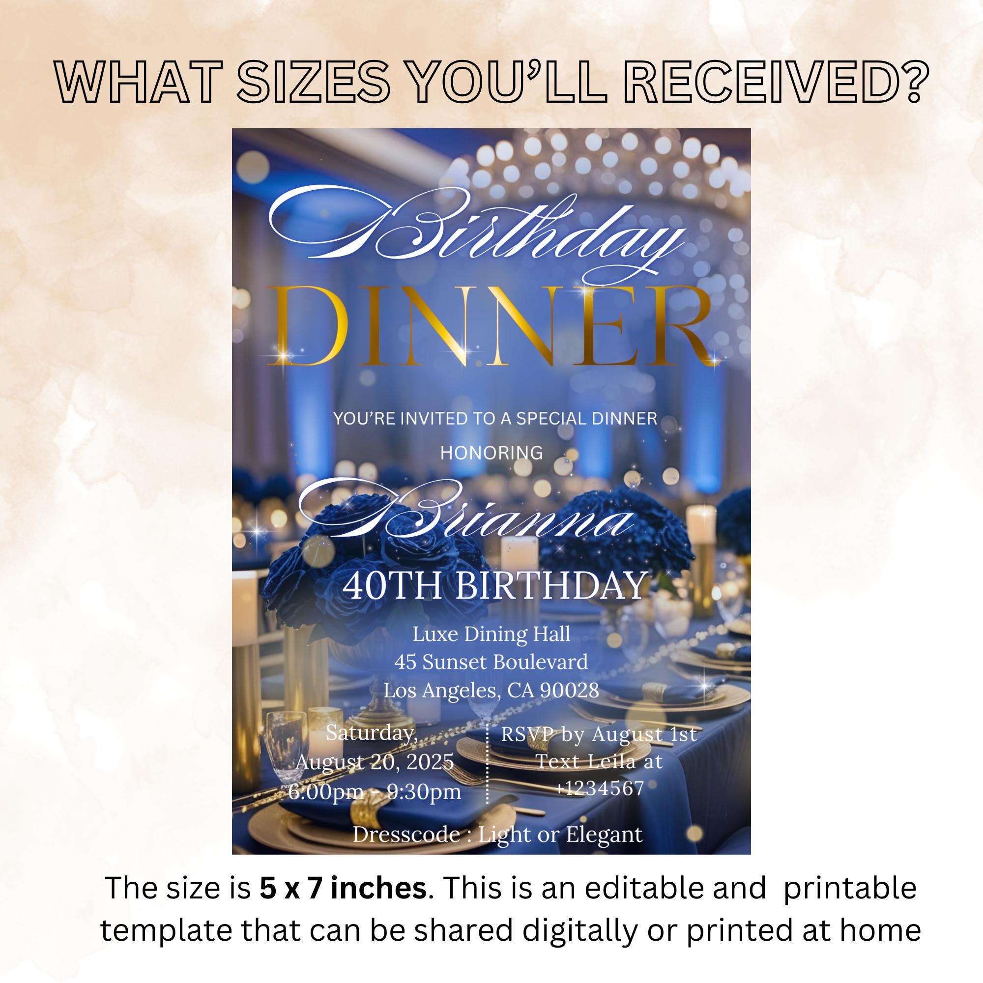 Editable Birthday Dinner Invitation Navy Blue Gold Digital Elegant Dinner Party invite woman Glam Luxury Birthday Dinner Template Printable