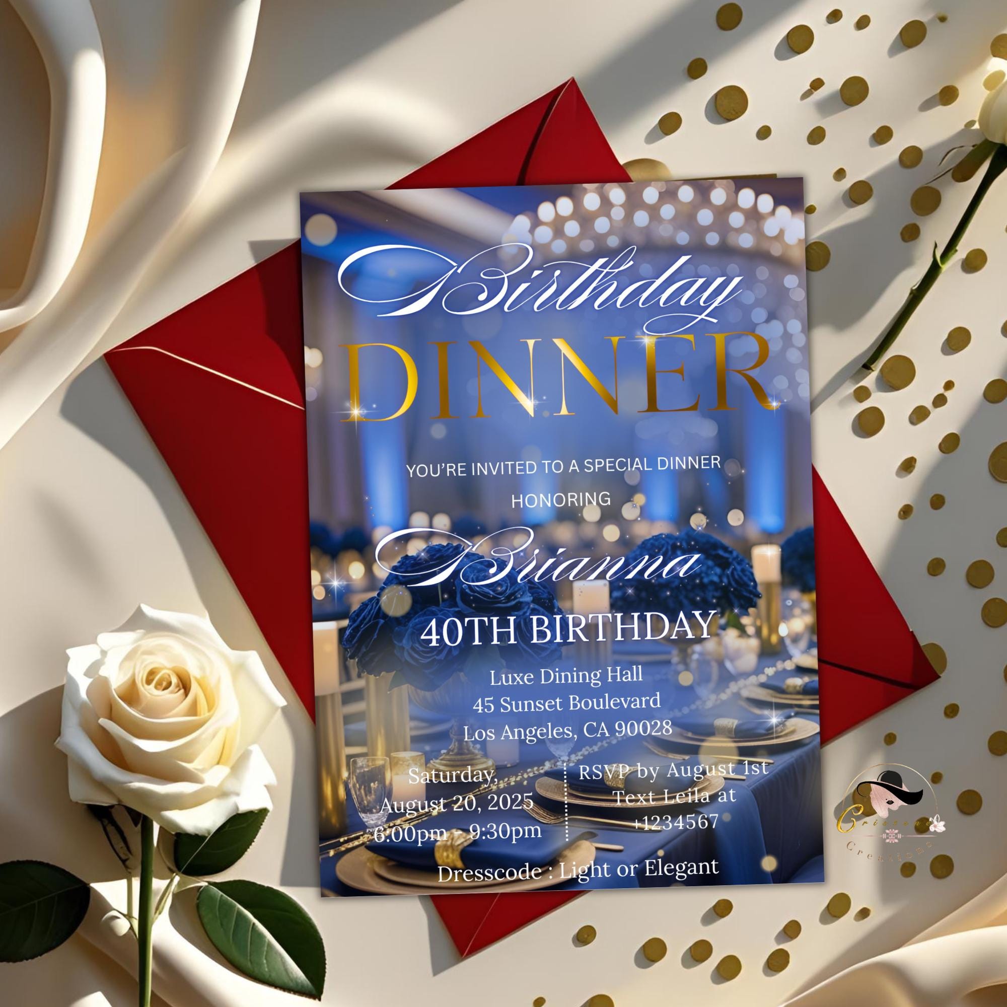 Editable Birthday Dinner Invitation Navy Blue Gold Digital Elegant Dinner Party invite woman Glam Luxury Birthday Dinner Template Printable