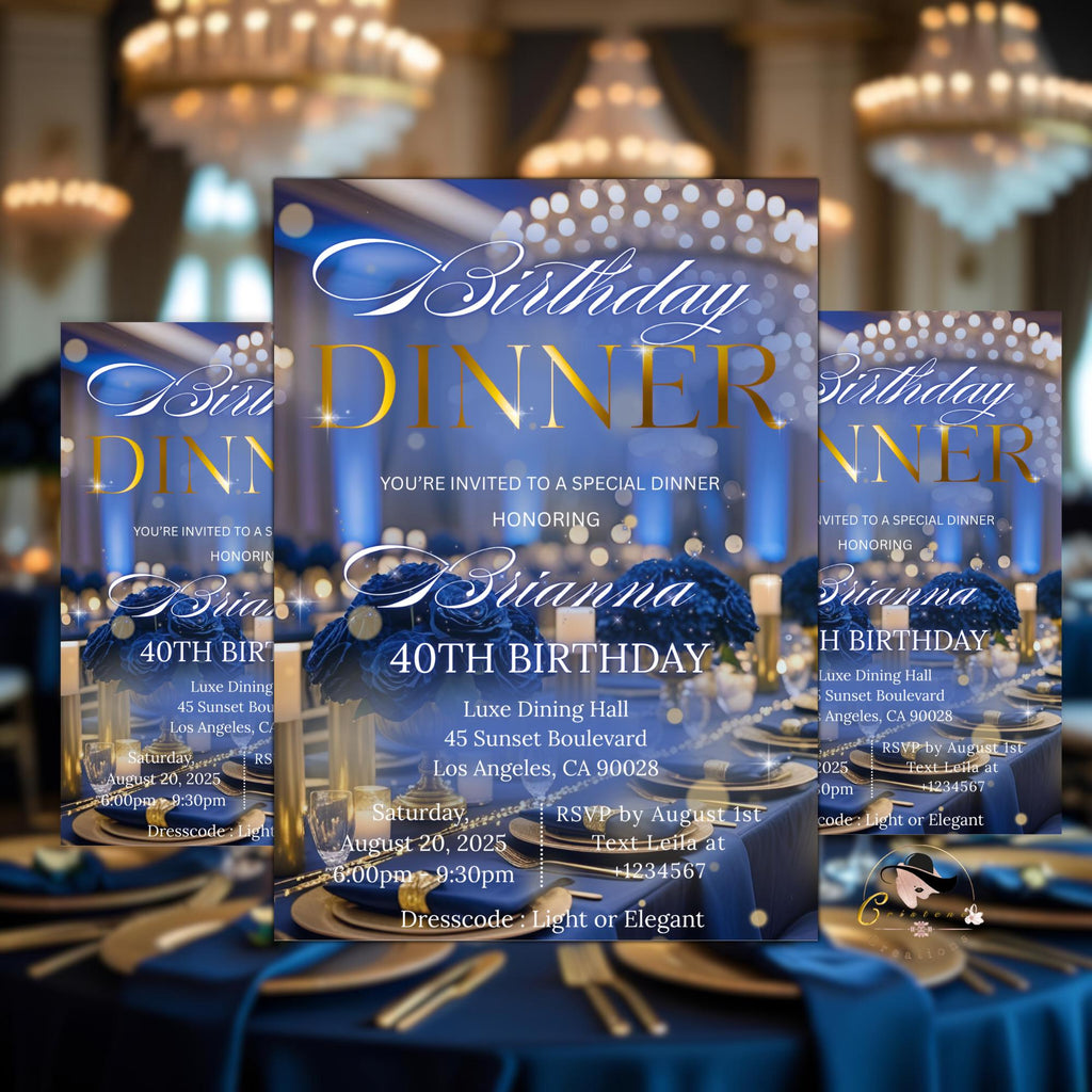 Editable Birthday Dinner Invitation Navy Blue Gold Digital Elegant Dinner Party invite woman Glam Luxury Birthday Dinner Template Printable