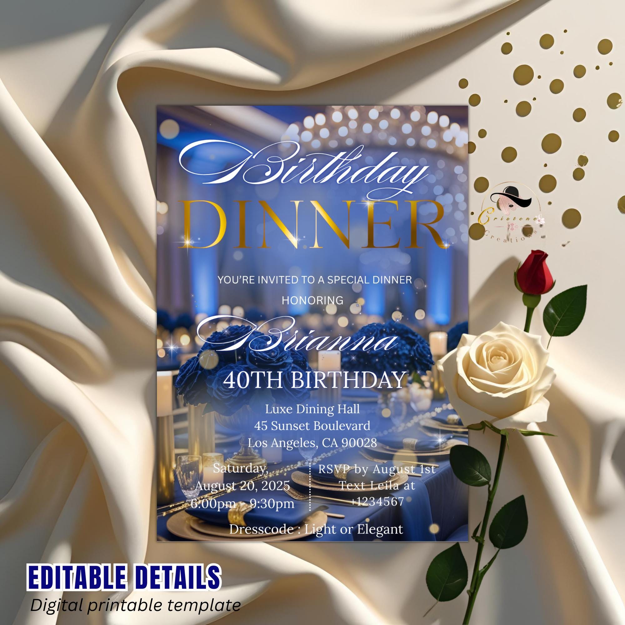 Editable Birthday Dinner Invitation Navy Blue Gold Digital Elegant Dinner Party invite woman Glam Luxury Birthday Dinner Template Printable