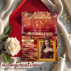 Digital Birthday Dinner Invitation with photo Red Gold Adult Elegant Dinner Party invite Woman Glam Luxury Birthday party Printable Template