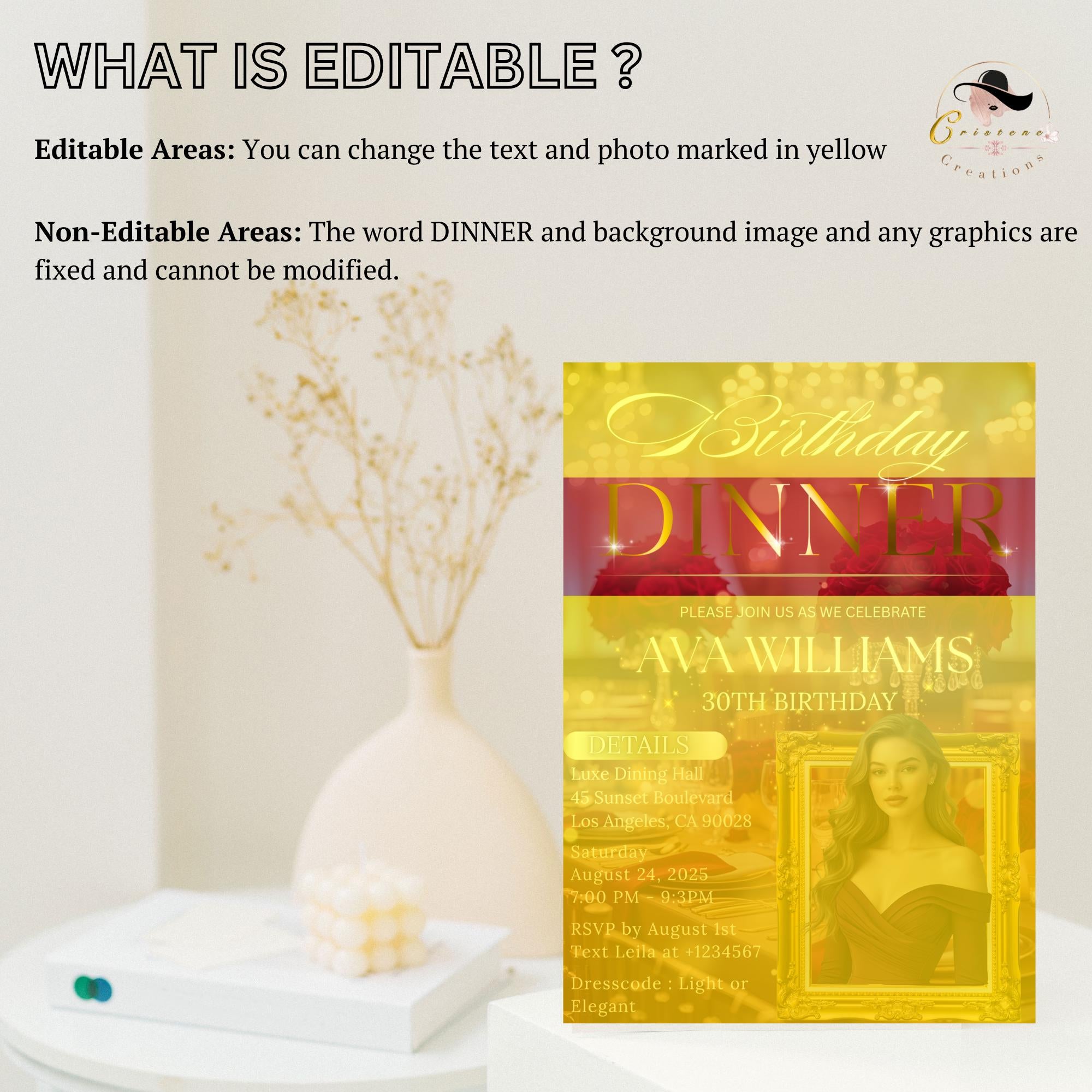 Digital Birthday Dinner Invitation with photo Red Gold Adult Elegant Dinner Party invite Woman Glam Luxury Birthday party Printable Template