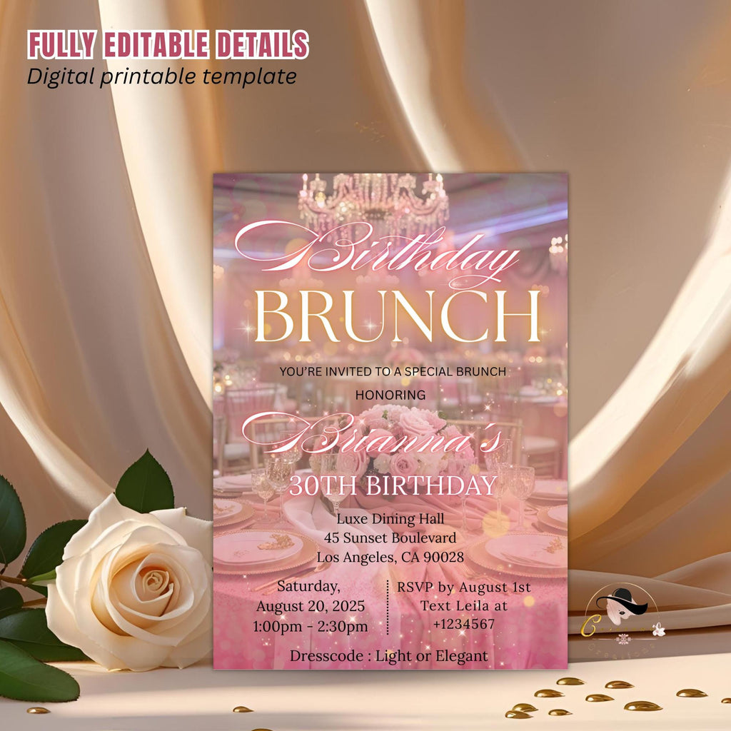 Digital Birthday Brunch Invitation Pink Floral Brunch Party invite Luxury Glam Brunch and Bubbly Ladies Garden Brunch Tea Party Template