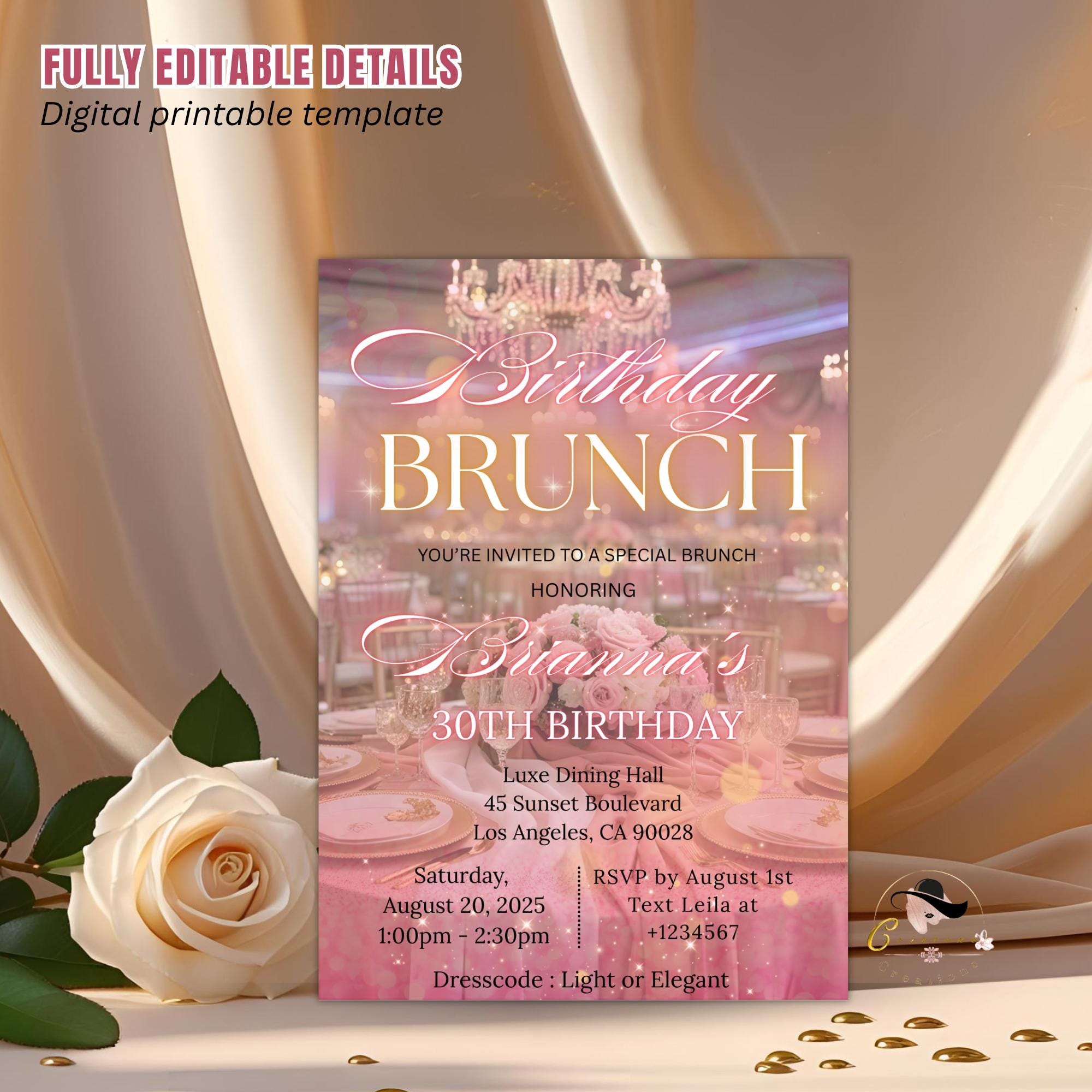 Digital Birthday Brunch Invitation Pink Floral Brunch Party invite Luxury Glam Brunch and Bubbly Ladies Garden Brunch Tea Party Template