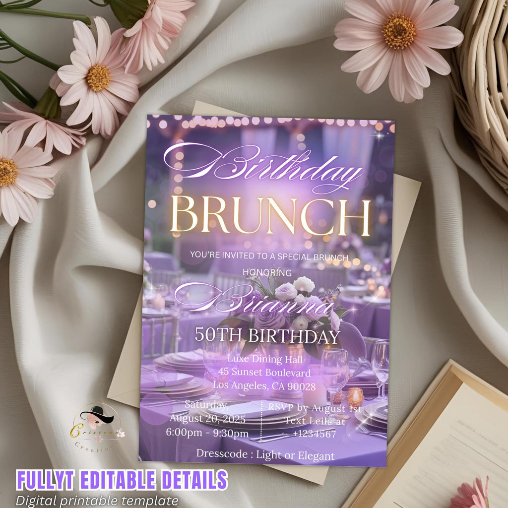 Purple Birthday Brunch Invitation Girl Digital Brunch party invite Glam Luxury Brunch Garden Tea Party Template Adult Lunch Floral invite