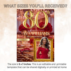Digital 80th Birthday Invitation with Photo 80th Birthday Dinner Invite for Women 80 and Fabulous Floral Party Red Gold Glam Luxury Template
