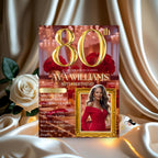 Digital 80th Birthday Invitation with Photo 80th Birthday Dinner Invite for Women 80 and Fabulous Floral Party Red Gold Glam Luxury Template