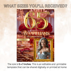 Digital 65th Birthday Invitation Red Gold 65th Birthday Dinner invite with photo Women Sixty Fifth Birthday party Floral Editable Template