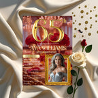 Digital 65th Birthday Invitation Red Gold 65th Birthday Dinner invite with photo Women Sixty Fifth Birthday party Floral Editable Template