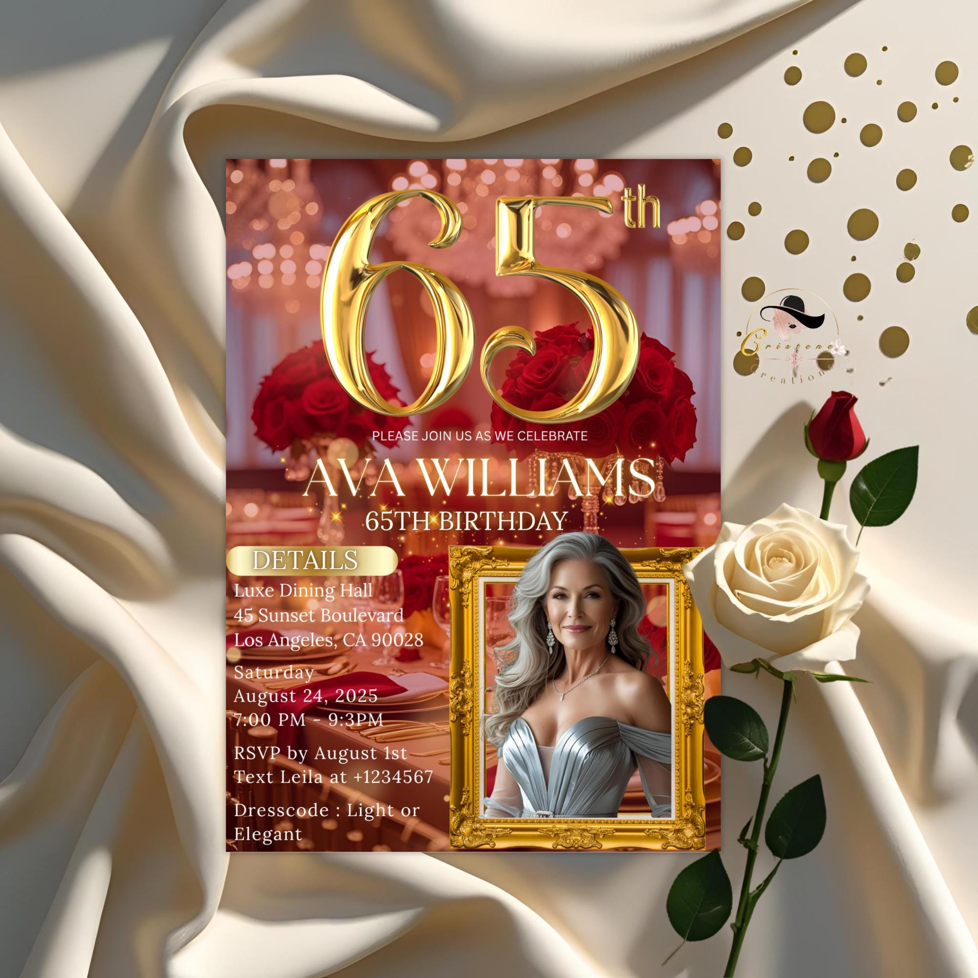 Digital 65th Birthday Invitation Red Gold 65th Birthday Dinner invite with photo Women Sixty Fifth Birthday party Floral Editable Template