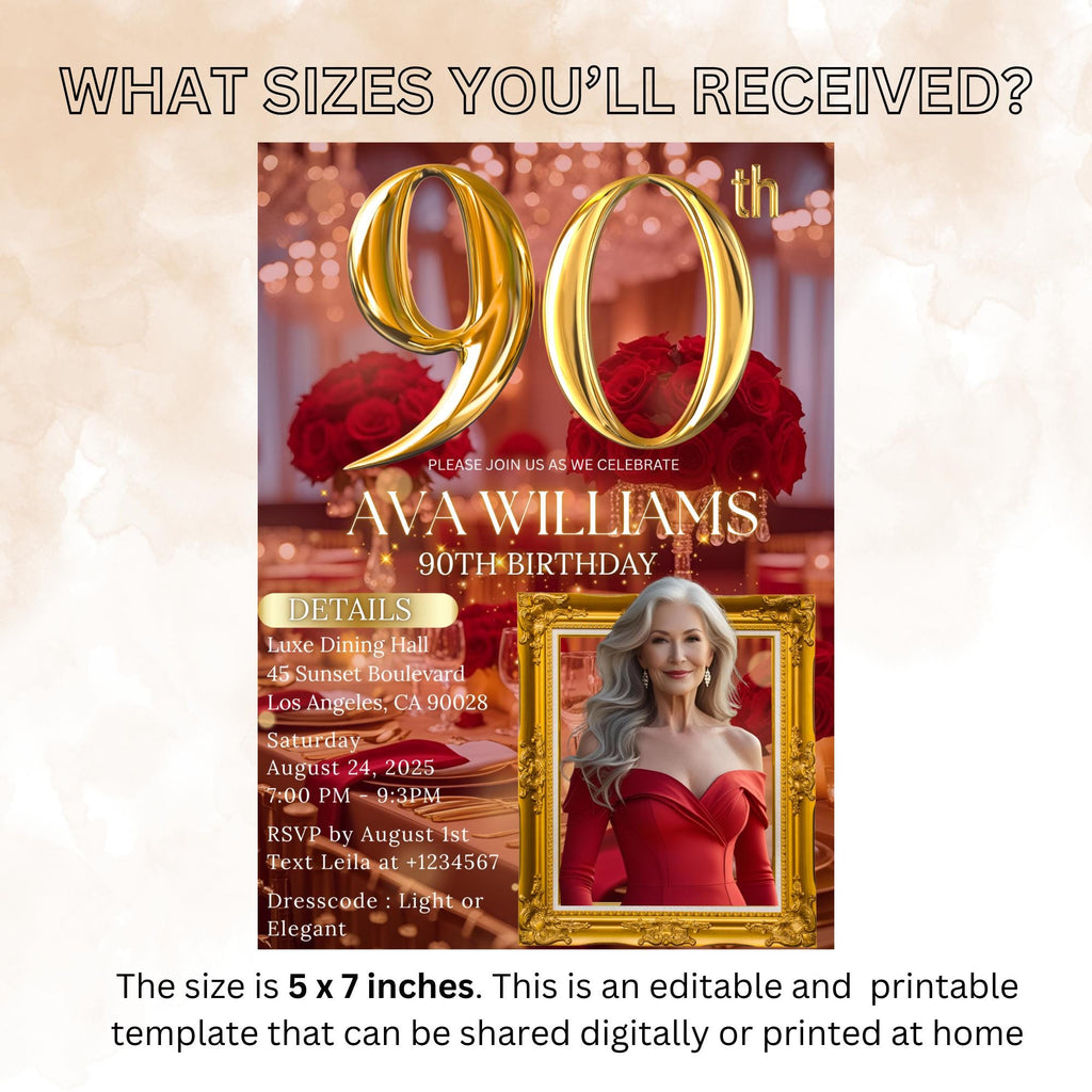 Editable 90th Birthday Invitation Red Gold Digital 90th Birthday Dinner invite with photo Woman 90 and fabulous party card floral Template