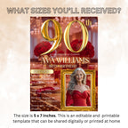 Editable 90th Birthday Invitation Red Gold Digital 90th Birthday Dinner invite with photo Woman 90 and fabulous party card floral Template