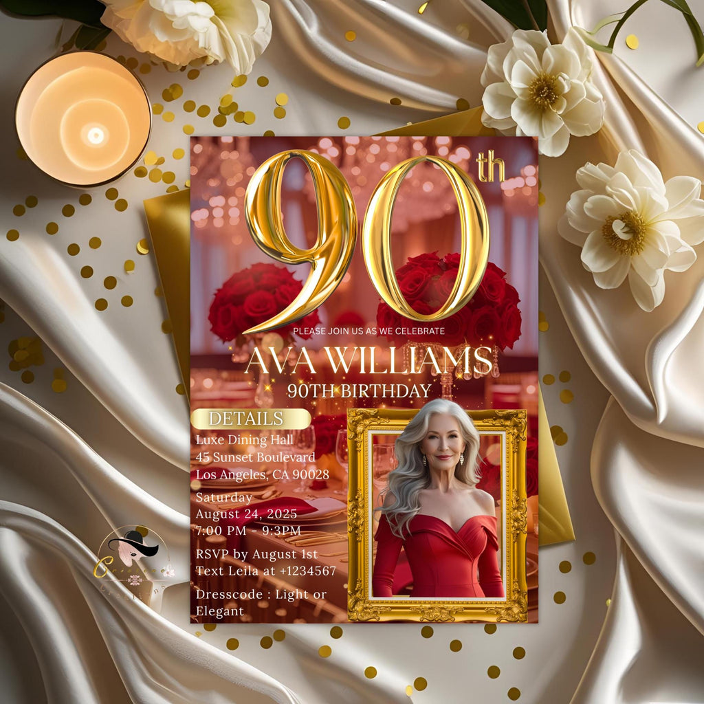 Editable 90th Birthday Invitation Red Gold Digital 90th Birthday Dinner invite with photo Woman 90 and fabulous party card floral Template