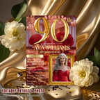 Editable 90th Birthday Invitation Red Gold Digital 90th Birthday Dinner invite with photo Woman 90 and fabulous party card floral Template