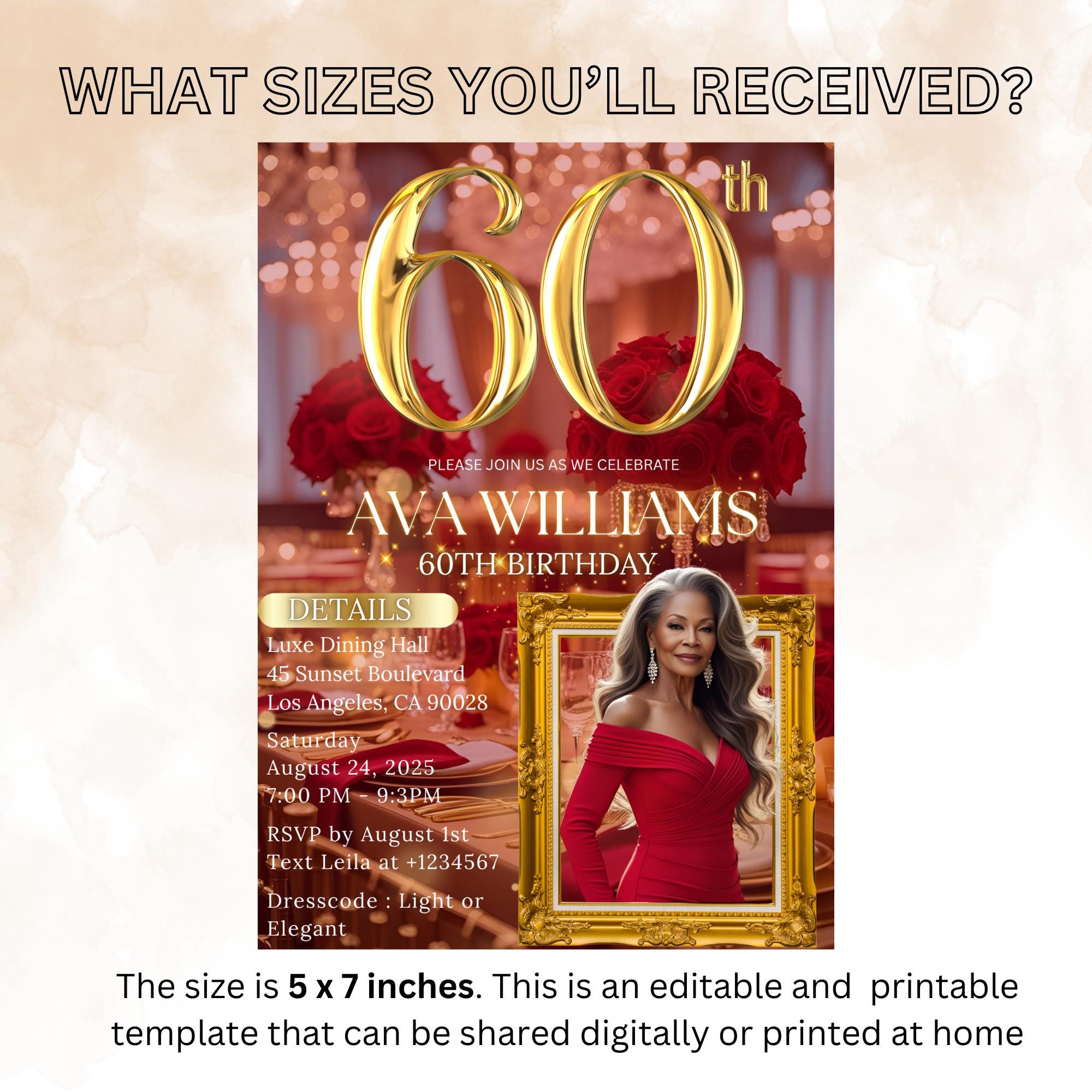 Digital 60th Birthday Invitation Women Red Gold 60th Birthday Dinner invite with photo Glam Luxury party 60 and Fabulous Floral Template