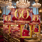 Digital 60th Birthday Invitation Women Red Gold 60th Birthday Dinner invite with photo Glam Luxury party 60 and Fabulous Floral Template