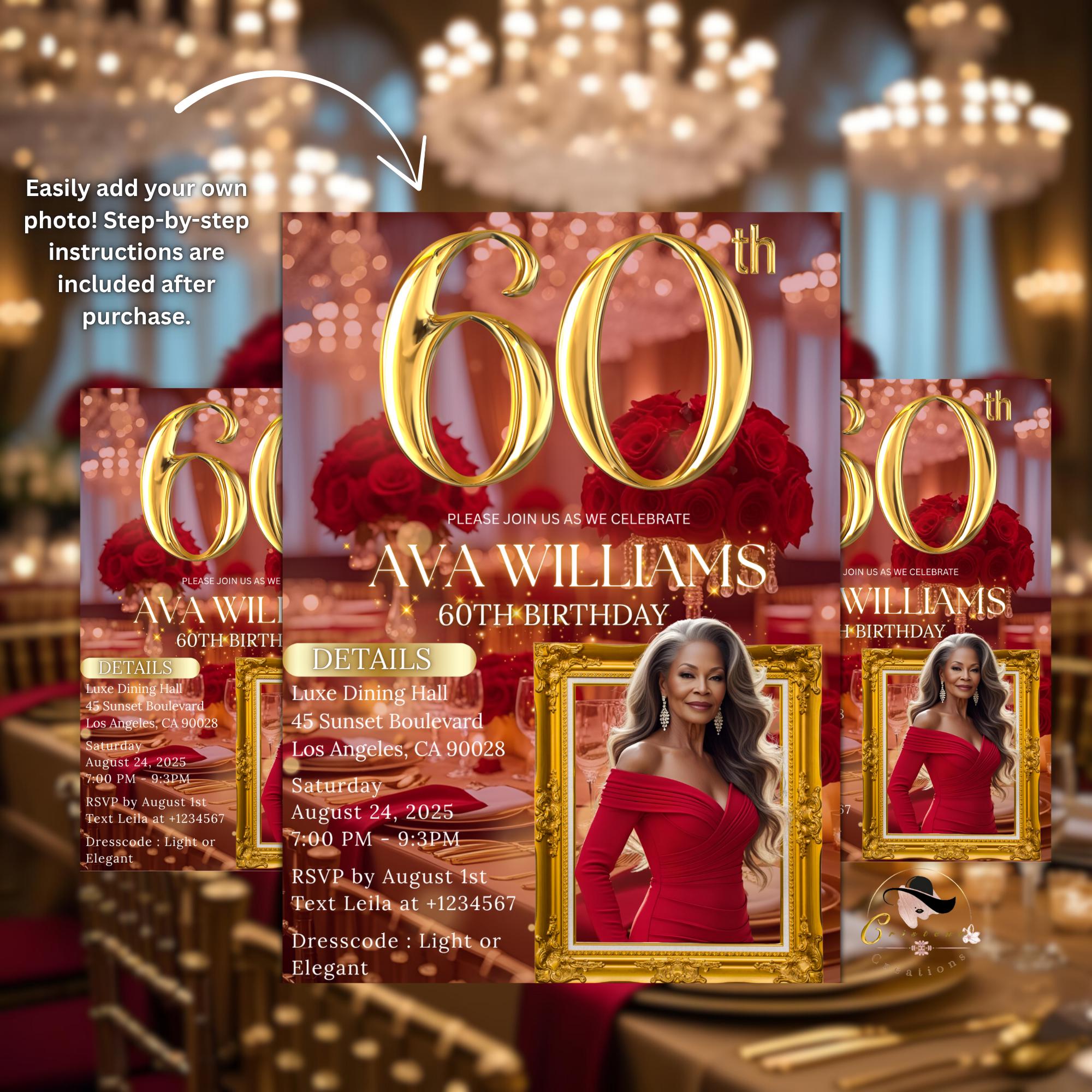 Digital 60th Birthday Invitation Women Red Gold 60th Birthday Dinner invite with photo Glam Luxury party 60 and Fabulous Floral Template