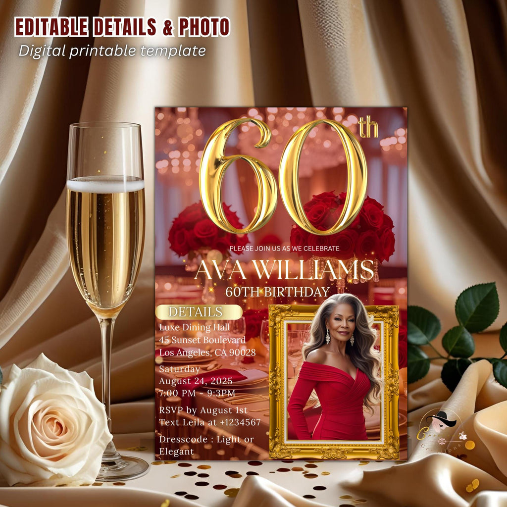 Digital 60th Birthday Invitation Women Red Gold 60th Birthday Dinner invite with photo Glam Luxury party 60 and Fabulous Floral Template