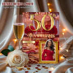 Digital 50th Birthday Invitation with photo Woman 50th Birthday Dinner invite Red Gold Glam Luxury Party Fiftieth Birthday card Printable