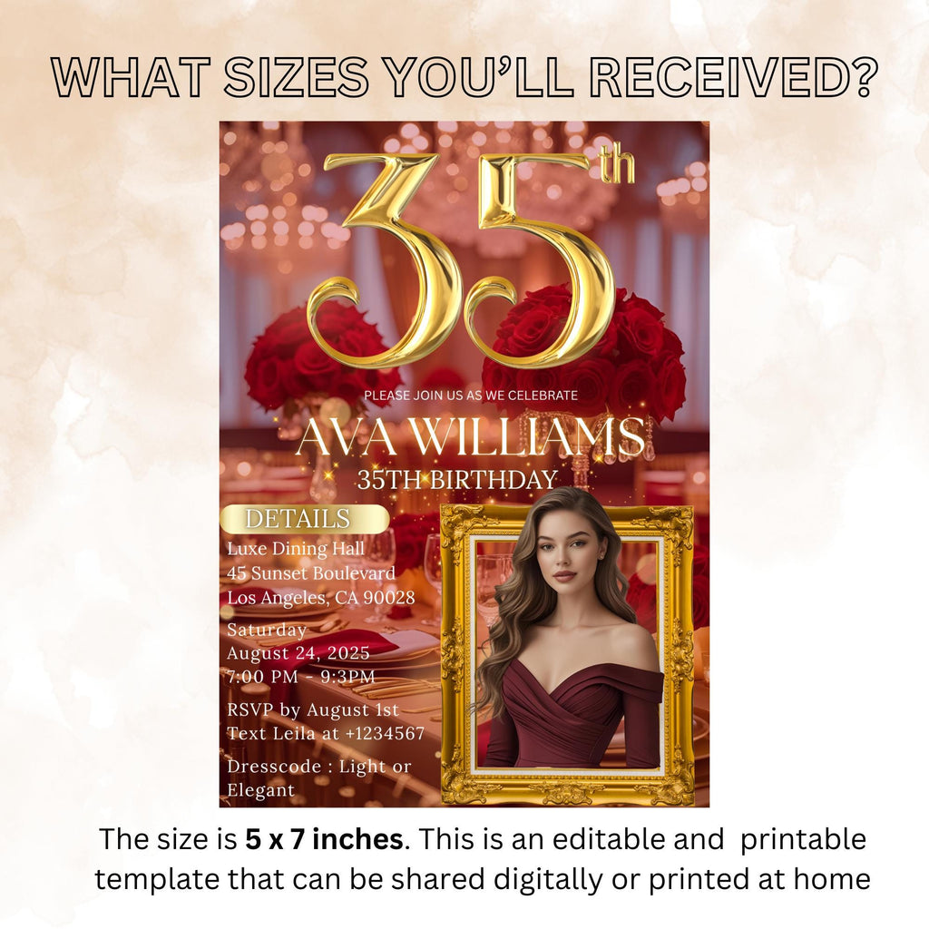 Digital 35th Birthday Invitation with photo Woman 35th Birthday Dinner invite Red Gold Glam Luxury Party 35 and Fabulous Floral Template
