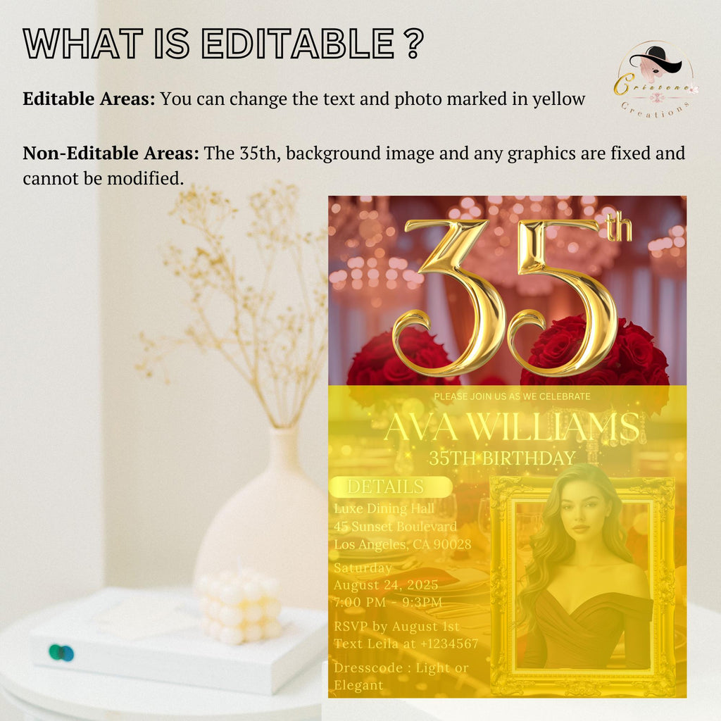 Digital 35th Birthday Invitation with photo Woman 35th Birthday Dinner invite Red Gold Glam Luxury Party 35 and Fabulous Floral Template