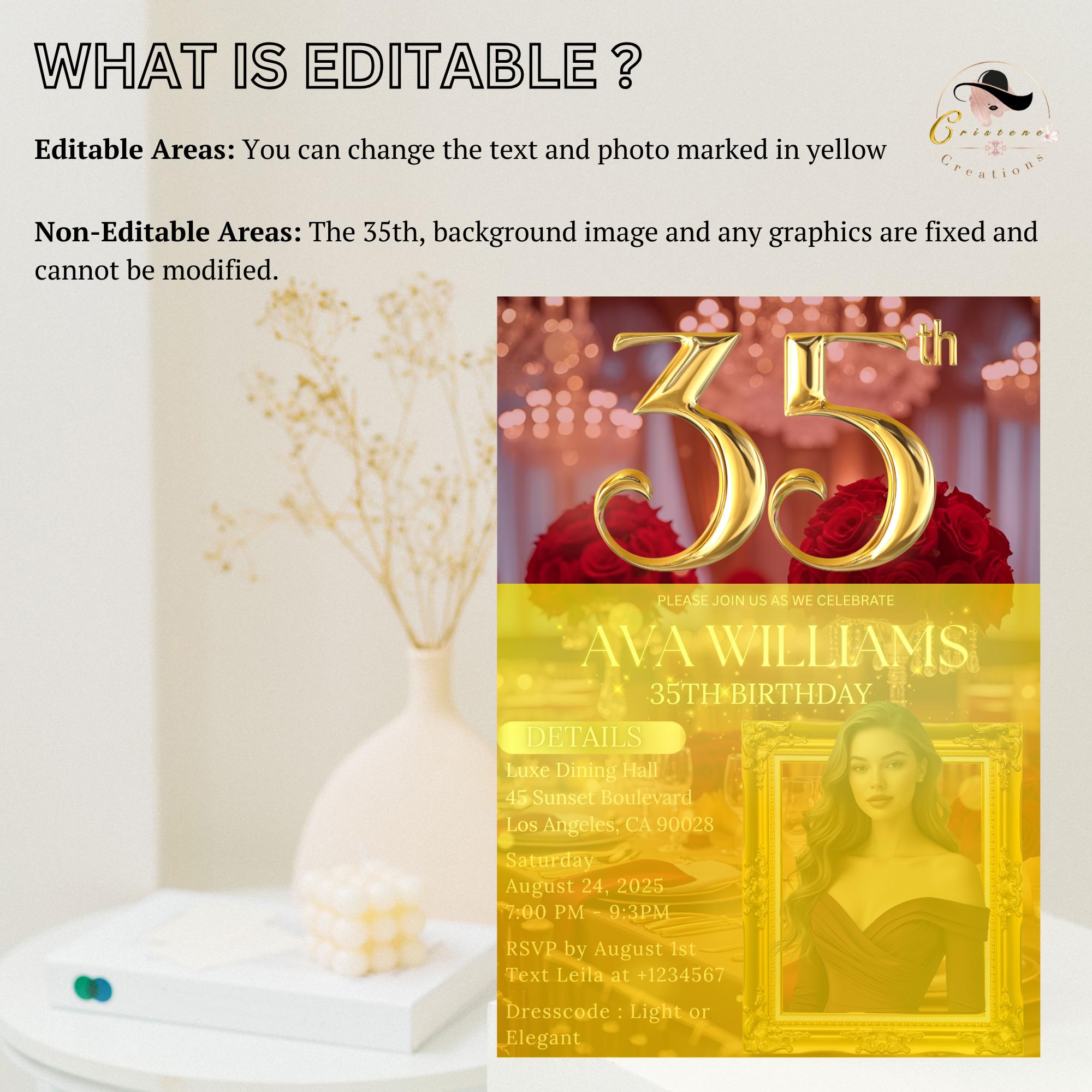 Digital 35th Birthday Invitation with photo Woman 35th Birthday Dinner invite Red Gold Glam Luxury Party 35 and Fabulous Floral Template