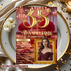 Digital 35th Birthday Invitation with photo Woman 35th Birthday Dinner invite Red Gold Glam Luxury Party 35 and Fabulous Floral Template