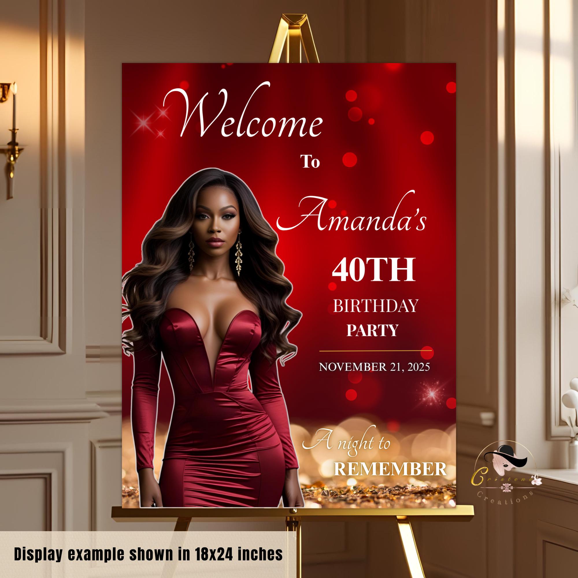 Birthday Welcome Sign Red Gold Elegant Party Sign with photo Editable Welcome Board sign Retirement Party Poster signs Printable Template