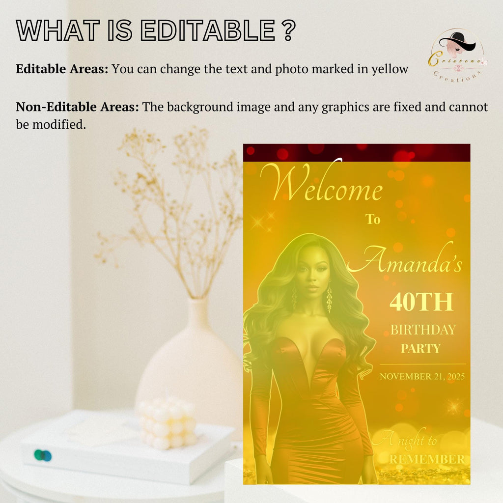 Birthday Welcome Sign Red Gold Elegant Party Sign with photo Editable Welcome Board sign Retirement Party Poster signs Printable Template