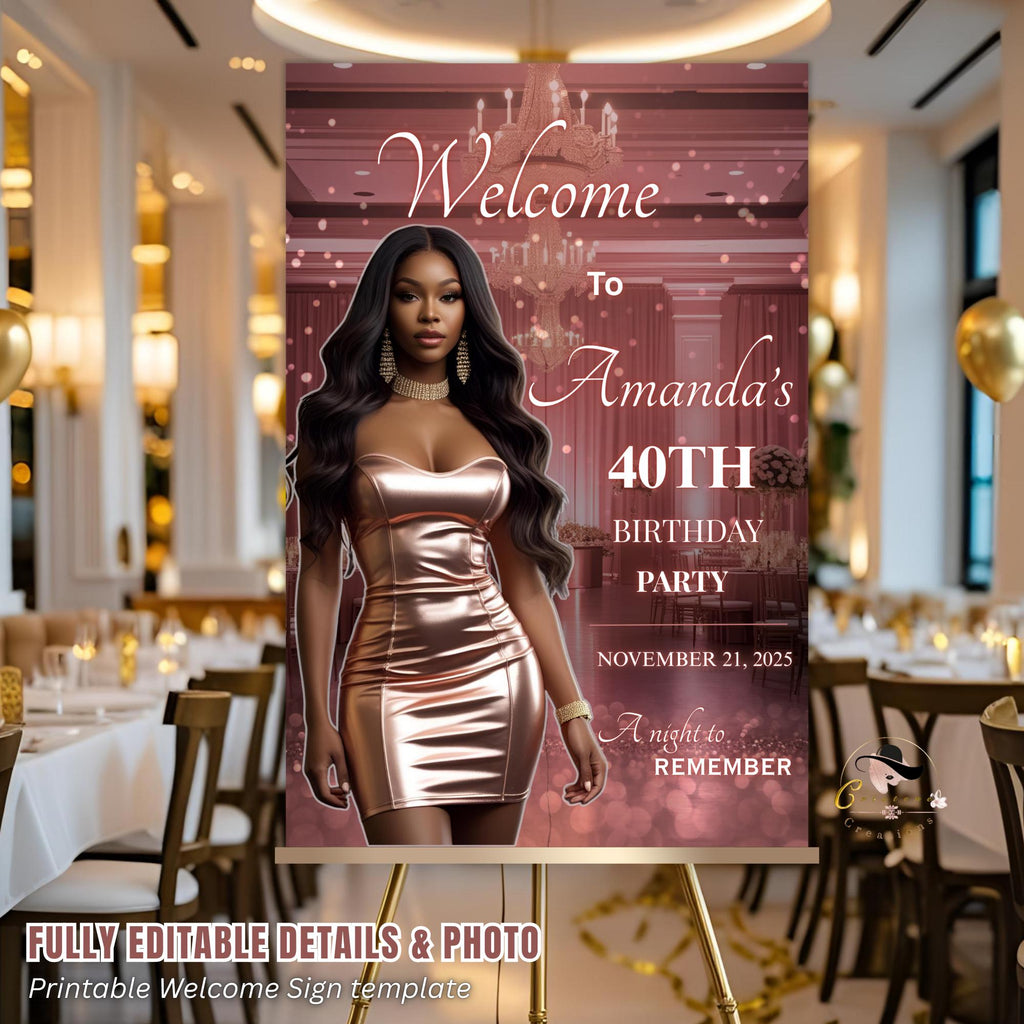 Editable Birthday Party Welcome Sign with photo Rose Gold Pink Elegant party poster sign Bridal Shower Welcome board sign Printable Template