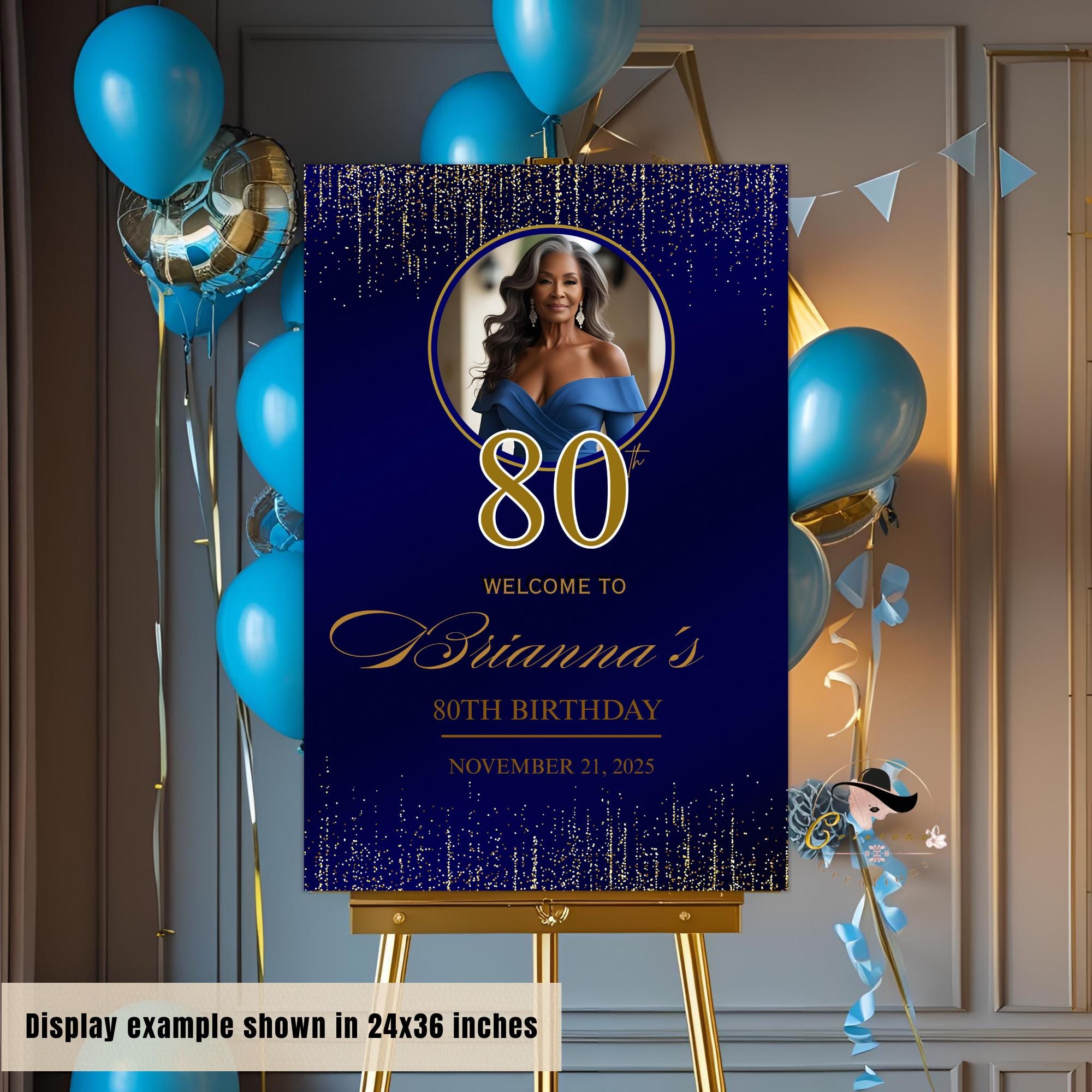 Editable Party Welcome Sign Navy Blue Gold Birthday Party sign with photo Welcome board sign Printable Retirement Party poster sign Template