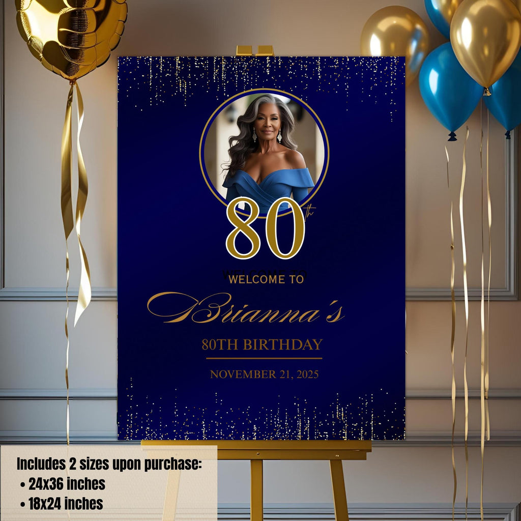 Editable Party Welcome Sign Navy Blue Gold Birthday Party sign with photo Welcome board sign Printable Retirement Party poster sign Template
