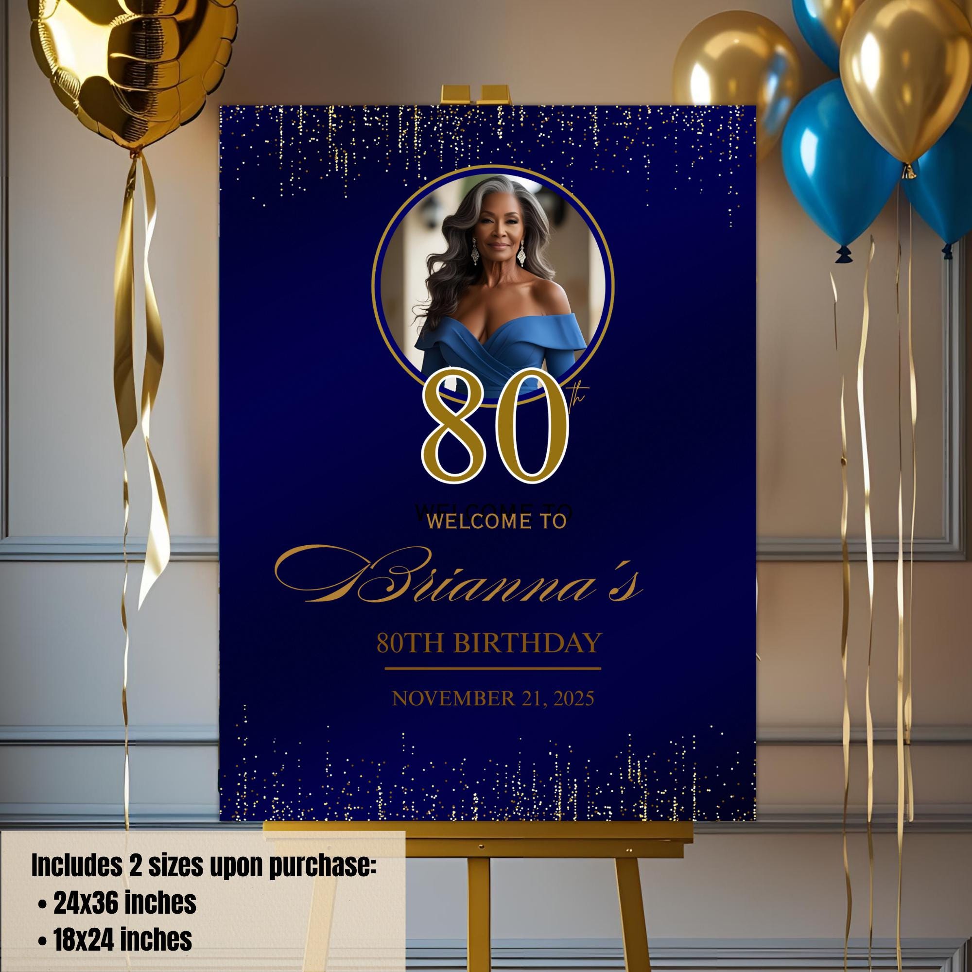 Editable Party Welcome Sign Navy Blue Gold Birthday Party sign with photo Welcome board sign Printable Retirement Party poster sign Template