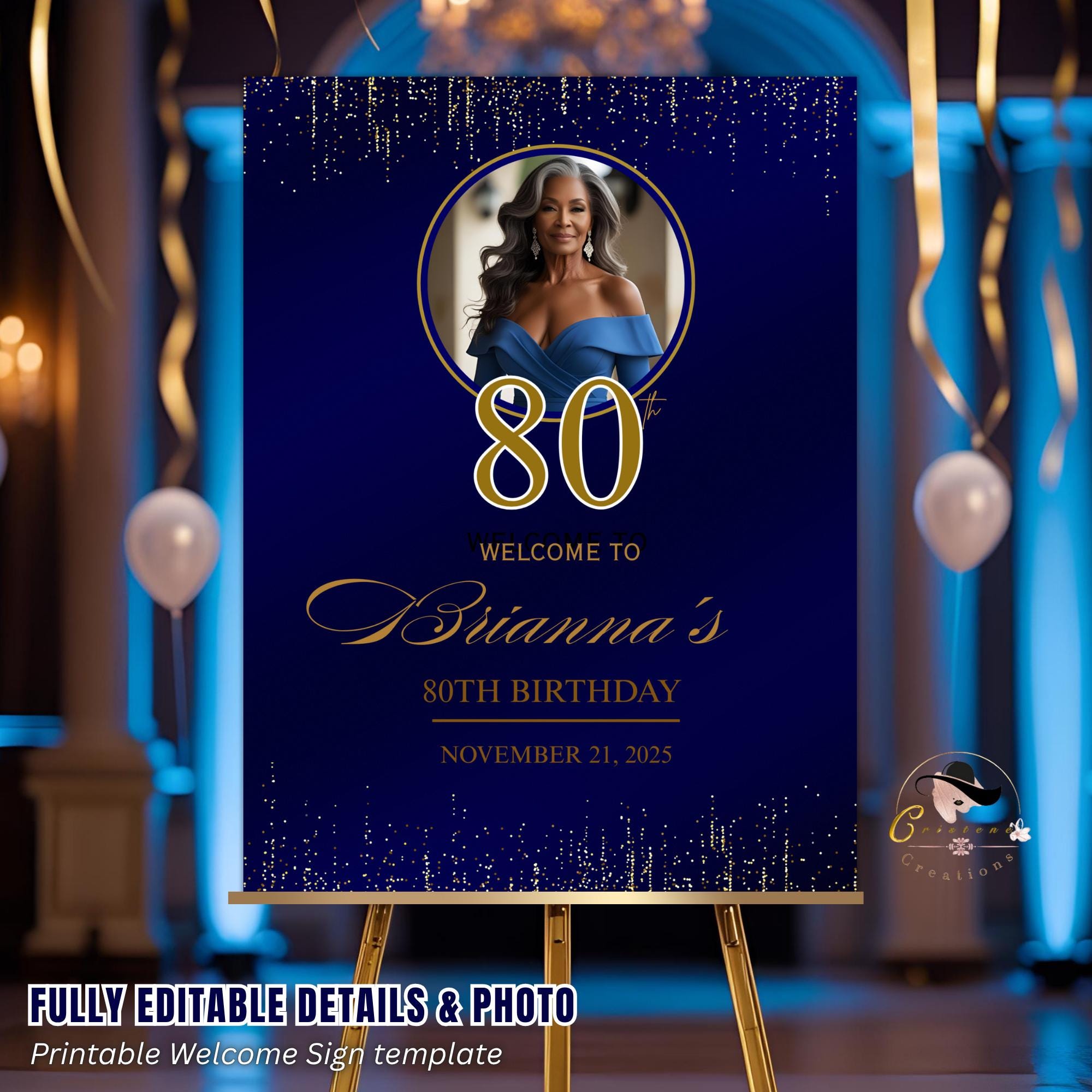 Editable Party Welcome Sign Navy Blue Gold Birthday Party sign with photo Welcome board sign Printable Retirement Party poster sign Template