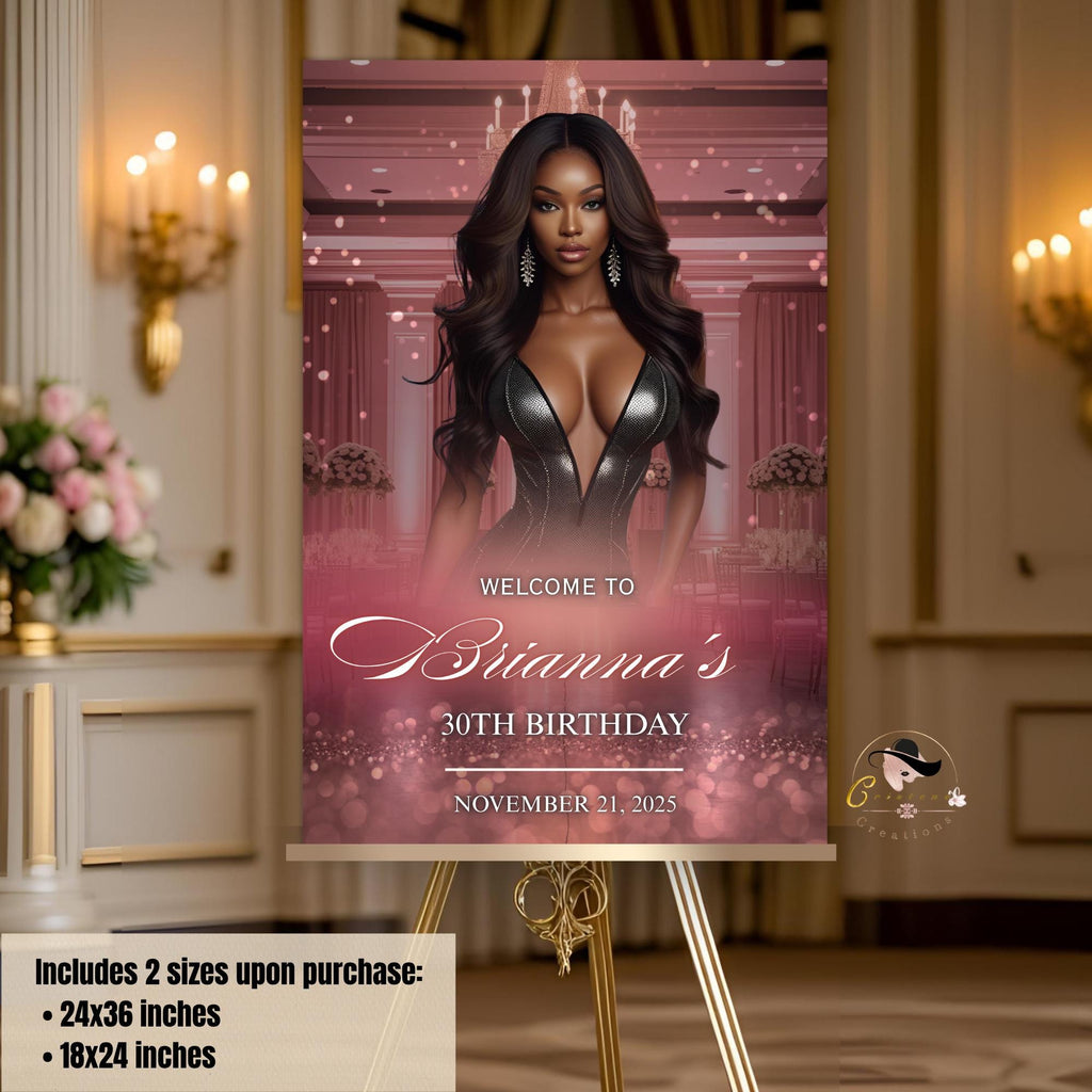 Editable Birthday Party Welcome Sign Rose Gold Pink Elegant party poster sign with photo Glam Luxury Welcome board sign Printable Template