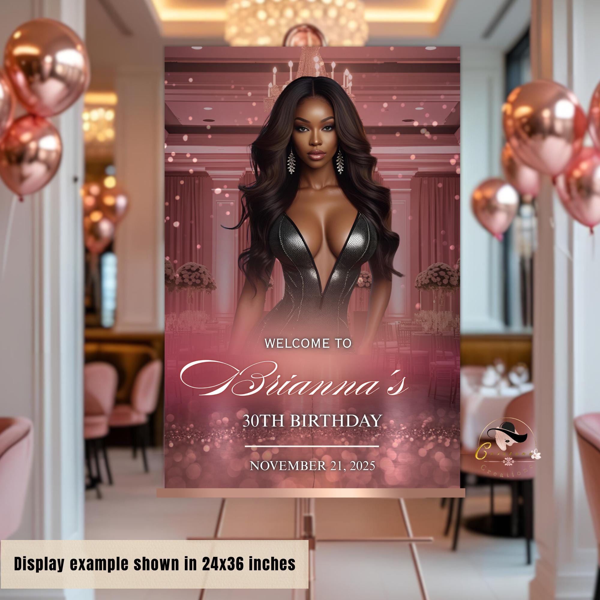 Editable Birthday Party Welcome Sign Rose Gold Pink Elegant party poster sign with photo Glam Luxury Welcome board sign Printable Template