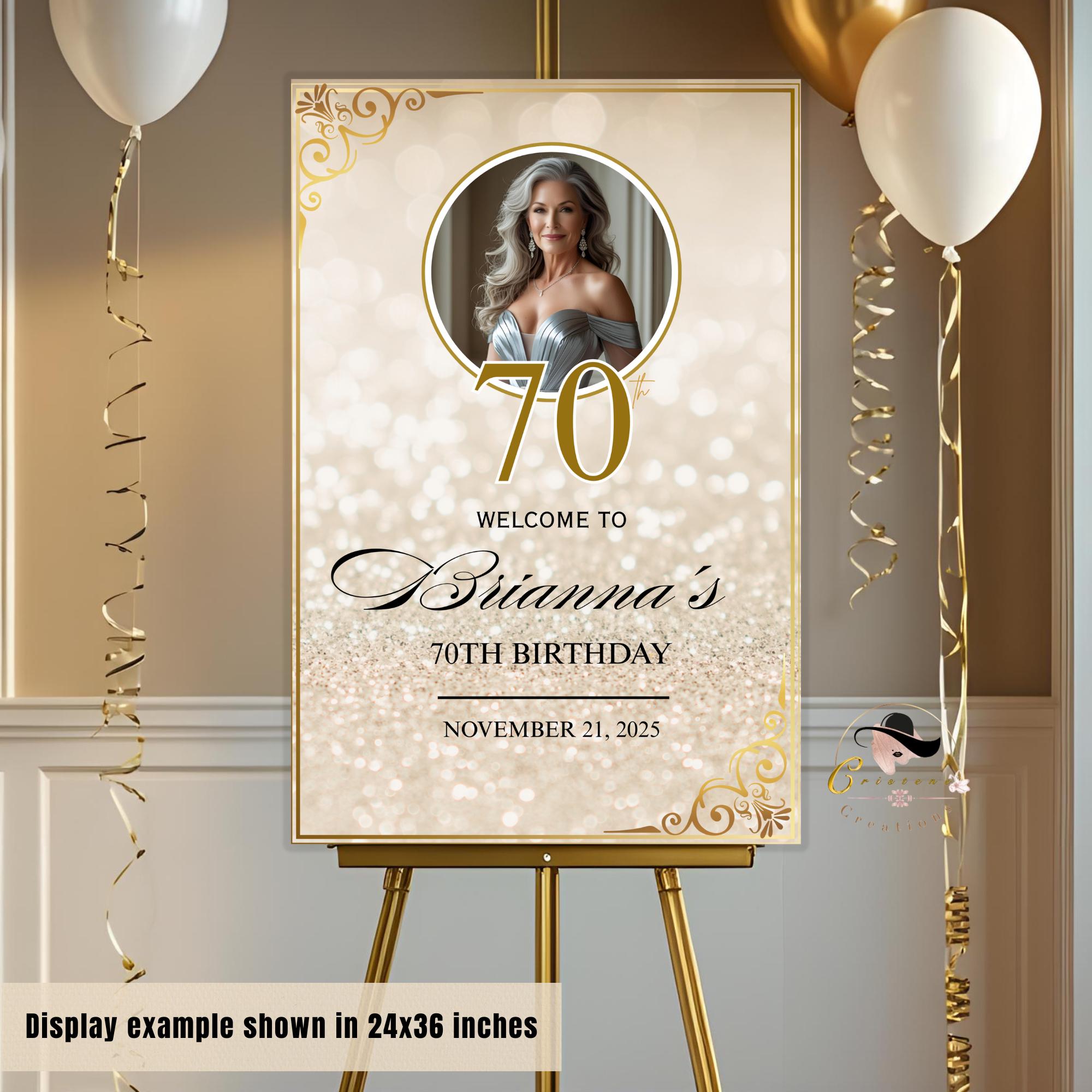 Digital Birthday Welcome Sign White gold Editable Party Poster sign with photo Glam Luxury Birthday Welcome board sign Printable Template
