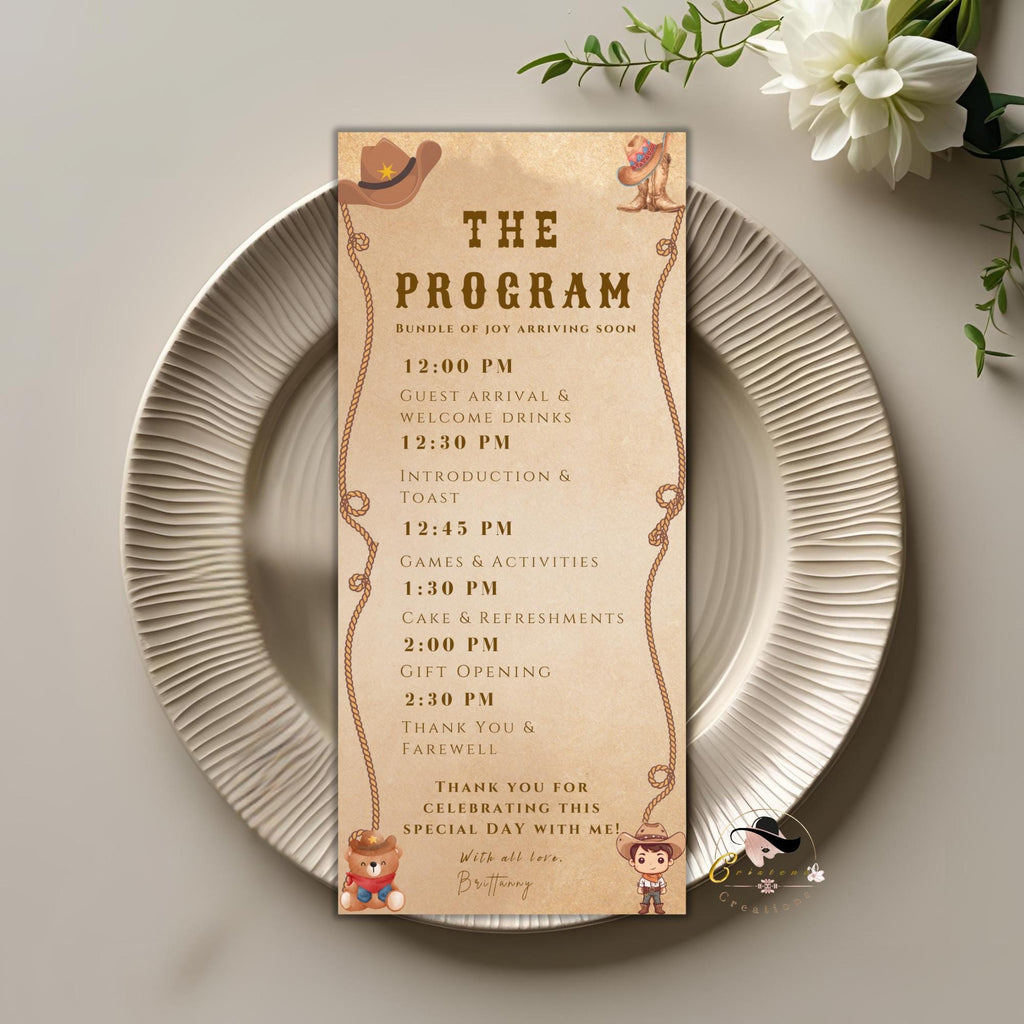 Editable Baby Shower Program Template Cowboy Baby shower Itinerary Card Printable Western Rodeo Order of events Timeline Baby Party Decor