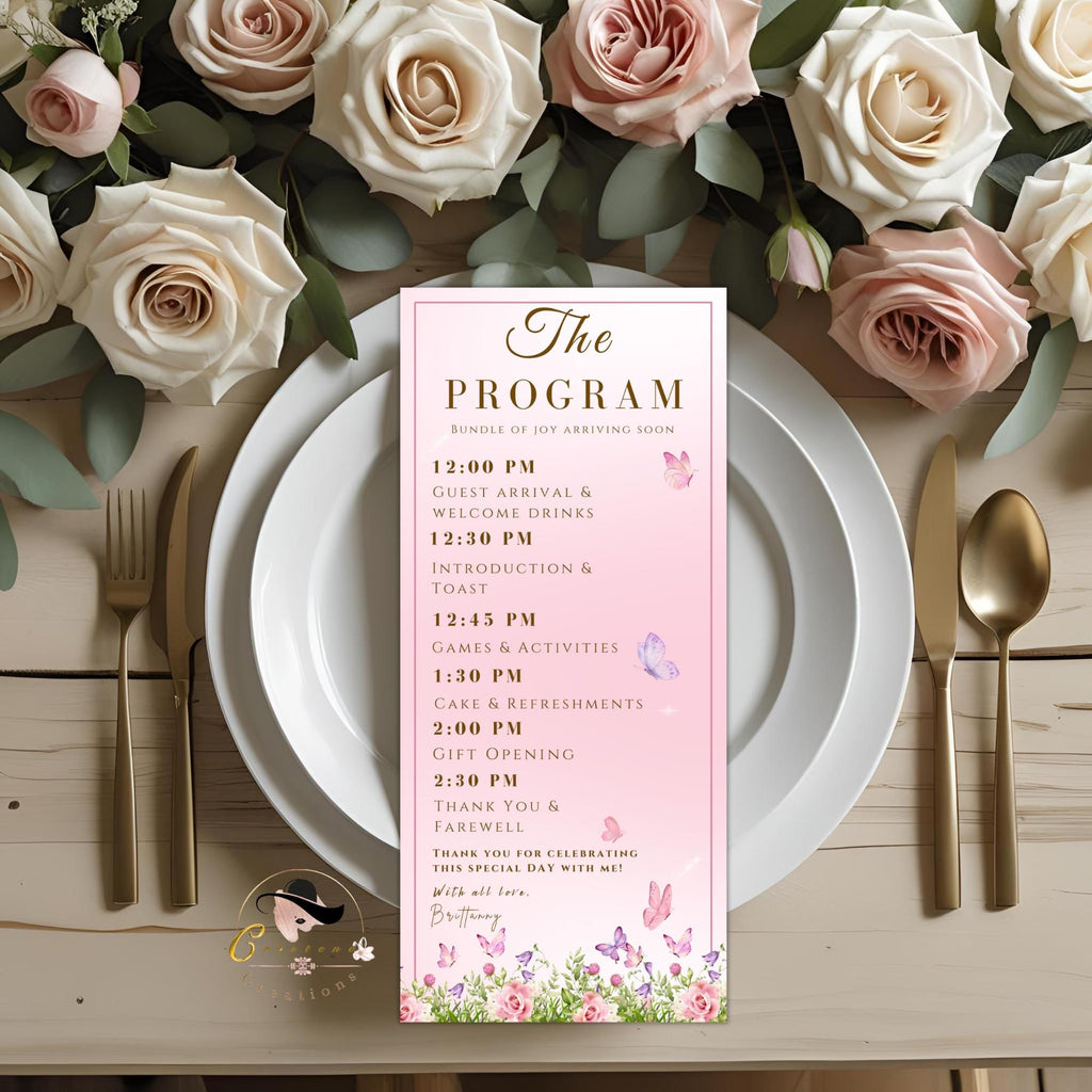 Editable Baby Shower Program Template Floral Garden Tea Baby Shower Itinerary Card Printable Butterfly Party Theme Order of event with photo