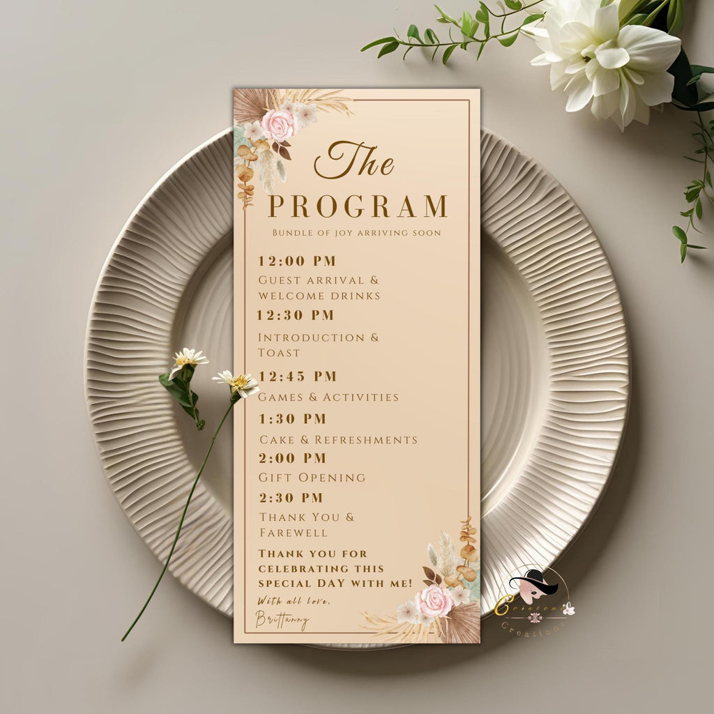 Editable Baby Shower Program Template Boho Neutral Baby Shower Itinerary Card Printable Floral Garden Order of Events Wildflower Party Decor