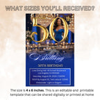 Digital 50th Birthday Invitation, Blue Golden Luxury 50th Birthday Dinner invite with photo Glam Birthday party woman card Printable Template