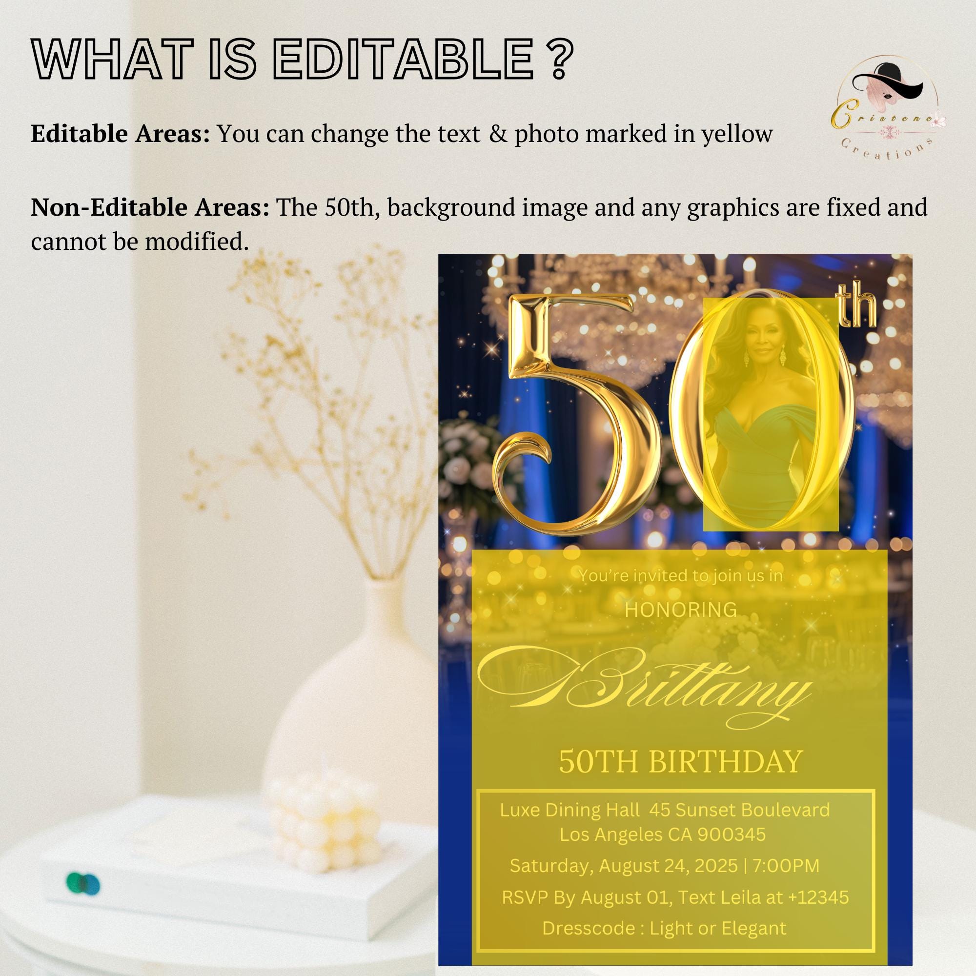 Digital 50th Birthday Invitation, Blue Golden Luxury 50th Birthday Dinner invite with photo Glam Birthday party woman card Printable Template