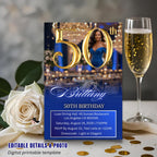 Digital 50th Birthday Invitation, Blue Golden Luxury 50th Birthday Dinner invite with photo Glam Birthday party woman card Printable Template