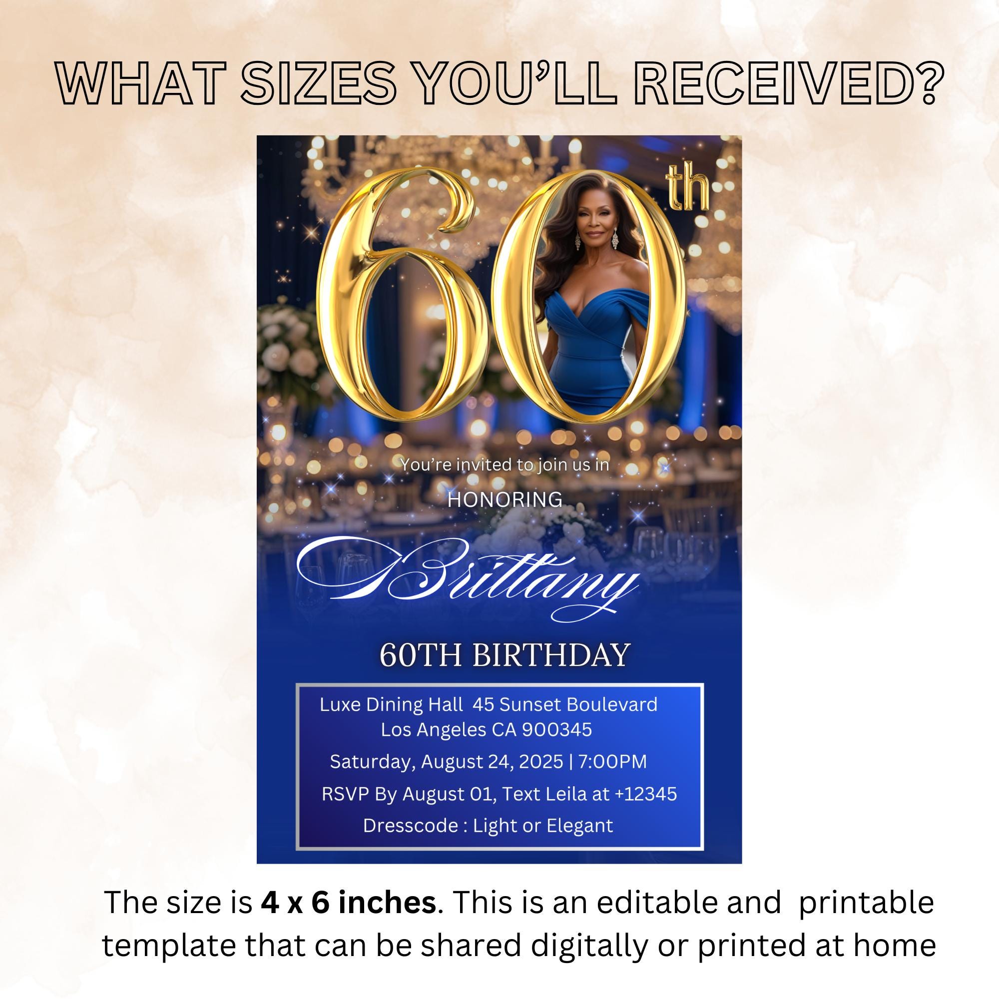 Digital 60th Birthday invitation Blue Gold Luxury 60th Birthday Dinner Invite with photo Sixtieth Birthday Party Card Printable Template